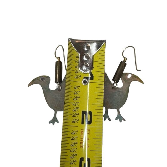 Vintage Brass Patina Dodo Bird Shaped Dangle Earrings Green Boho Y2K Folk Art - Picture 5 of 6